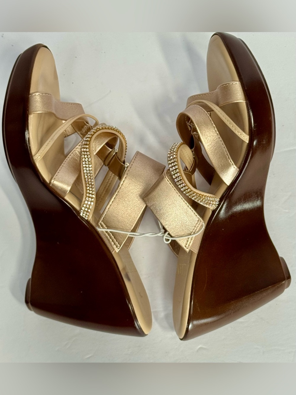 Italian Shoemakers Metallic Gold Wedge Sandals with Rhinestone Straps - Picture 13 of 14